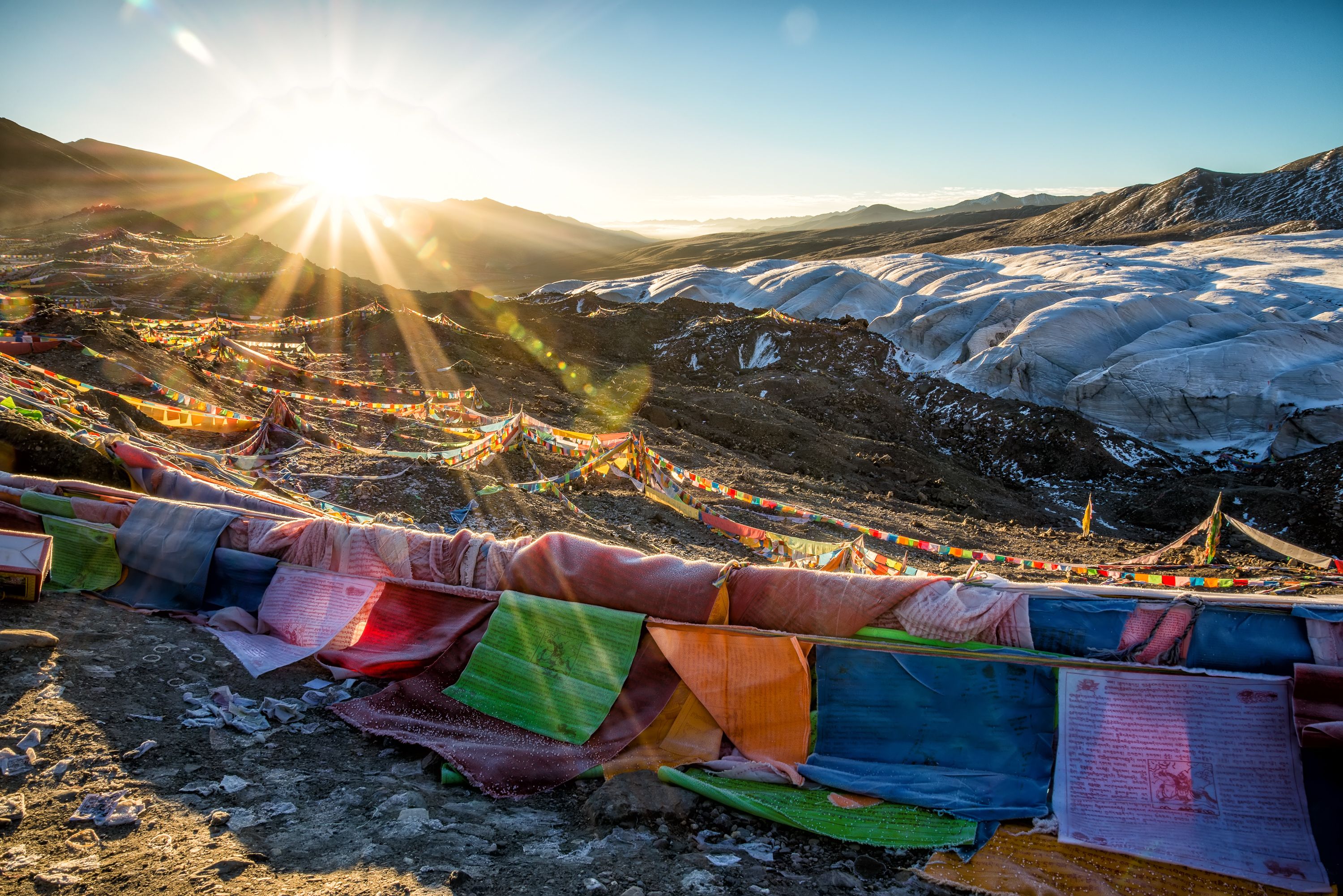 Himalayan mountains with prayer flags